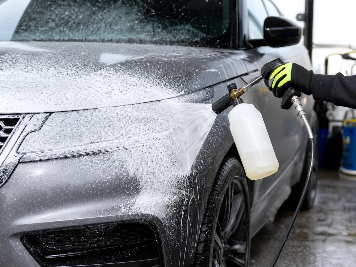 A vehicle being covered in snow foam during a hand wash